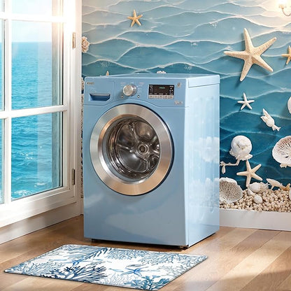 Kitchen Mats for Floor Cushioned Anti Fatigue Sets of 2 Coastal Kitchen Rugs Non Slip Waterproof Nautical Foam Kitchen Floor Rug Beach Theme Coral Fish Comfort Standing Mat for Sink Laundry, Blue