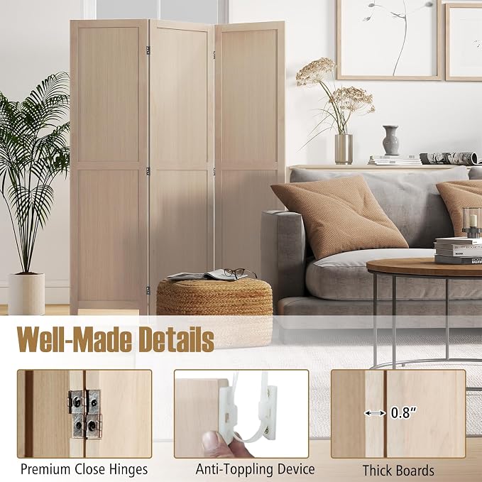 COSTWAY 3 Panel Folding Room Divider, Freestanding Hinged Partition Wall Divider - Image 9