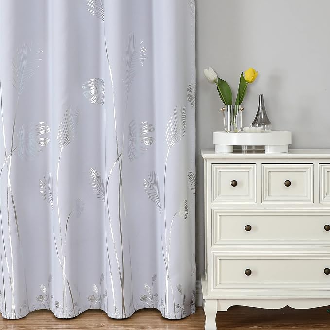 Greyish White 108 Inches Long Silver Palm Window Curtain Panels Room Darkening - Image 2