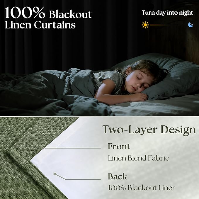 Loden 105 Inch Long Blackout Curtains Olive Green Thick Linen Pinch Pleated Curtains 2 Panels for Bedroom Living Room Darkening Light Blocking Pinch Pleat Back Tab 105 Inch Window Drapes Olive Green