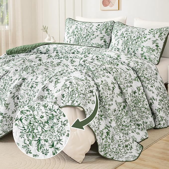 WONGS BEDDING Botanical King Quilt Bedding Set, 3 Pieces Bedspread, Polyester - Image 2