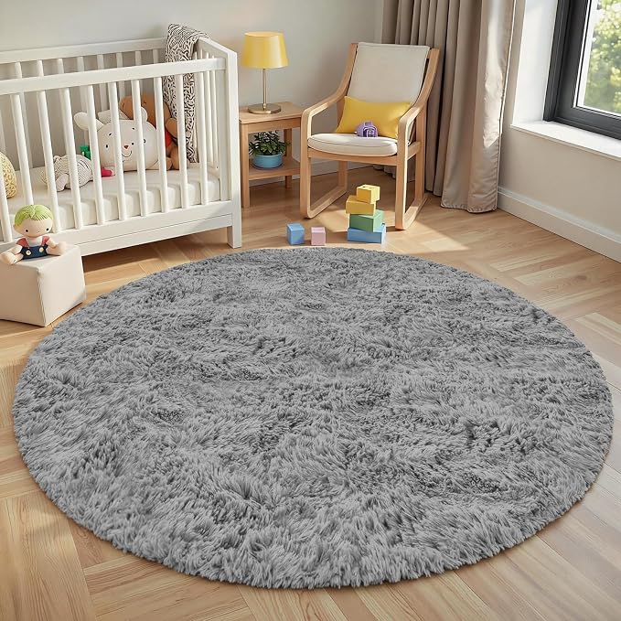 Light Gray Round Fluffy Rug 6ft Plush Fuzzy Shaggy Carpet | Soft Rugs - Image 8
