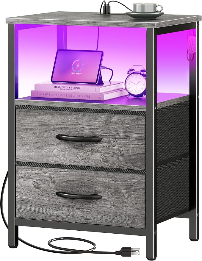 Huuger Night Stand with Charger Station and LED Lights, 2 Drawer Nightstand | by Huuger
