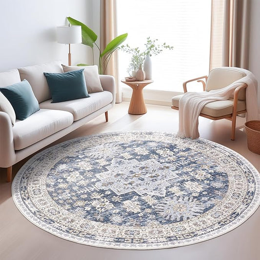 zesthome Washable Round Rug - 5ft Ultra-Thin Circle Area Rugs, Vintage Non-Slip Low Pile Rug for Living Room, Stain Resistant Rug for Bedroom, Entryway, Kitchen, Nursery