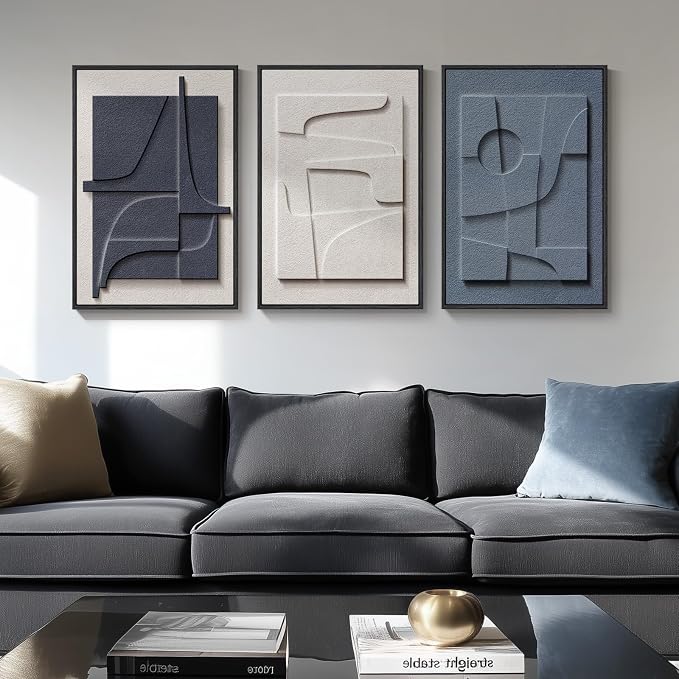 3D Textured Framed Blue and White Abstract Wall Art Set, 3 Piece, 16x24 In | - Image 2