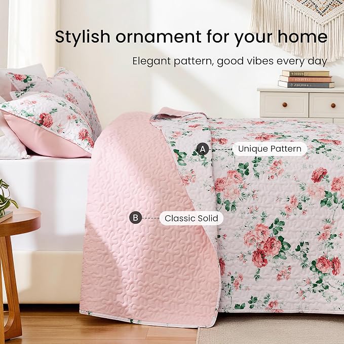 EXQ Home Printed Quilt Set Full Queen Size Pink Daphne Bedspread Set | Bedding - Image 4