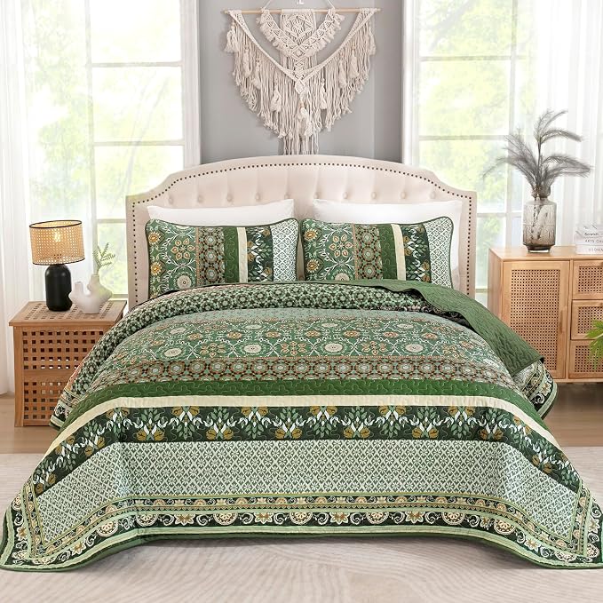 Yiran Quilts King Size, Fall Olive Green Bedspreads Bedding Set | Lightweight - Image 2