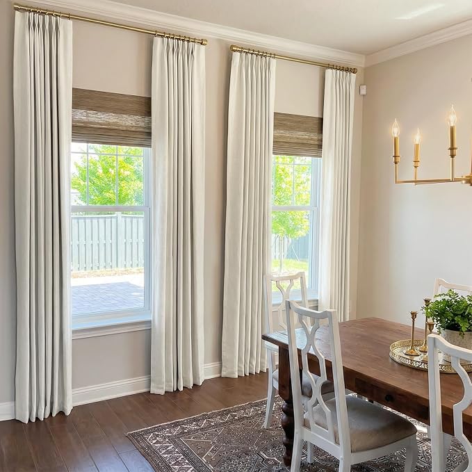 Pinch Pleated Full Blackout Faux Linen Curtains 102 Inches Long | Beige White - Image 4