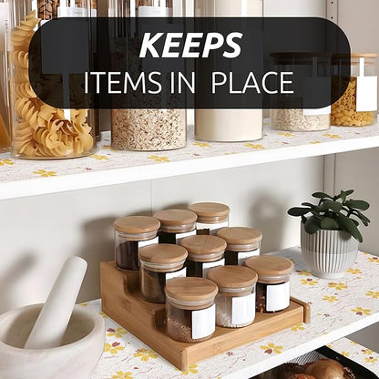 RAY STAR 18X96 Inch Shelf Liner for Kitchen Cabinets, Non-Adhesive Cabinet Liner Washable, PVC Drawer Liner for Dresser Non-Slip Bathroom (Yellow-Floral)(4 Roll)