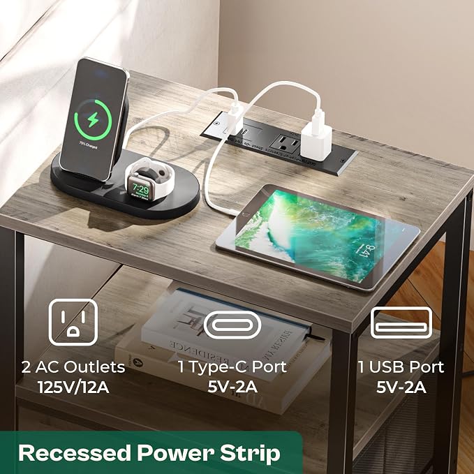 Huuger Nightstand with Charging Station, Side Table with Fabric Drawers | End - Image 3