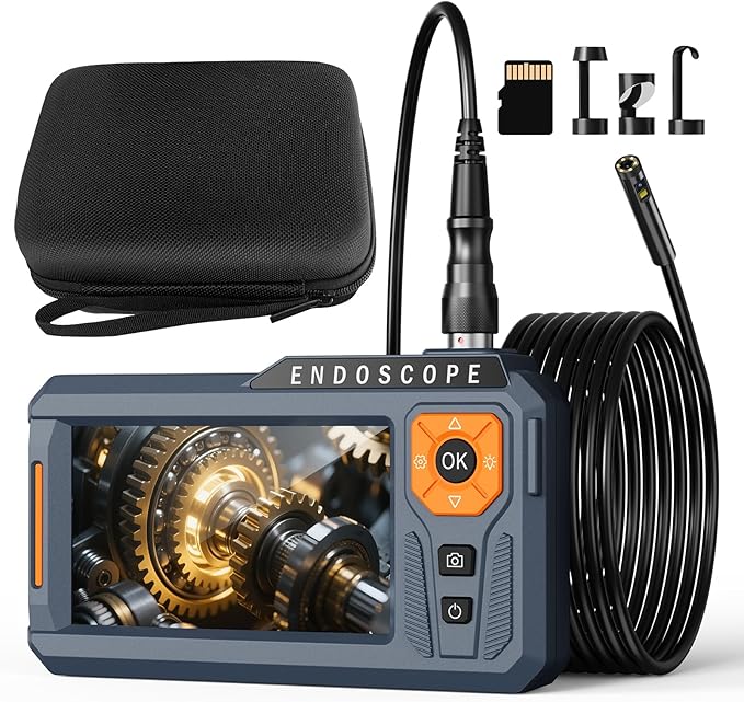 5‘’ Dual Lens Endoscope Camera with Light, 1080P Borescope Inspection Camera with Photo & Video, 7.9mm IP67 Waterproof Sewer with 7 LED Lights,16.5FT Semi-Rigid Cable, Built-in 32G Card