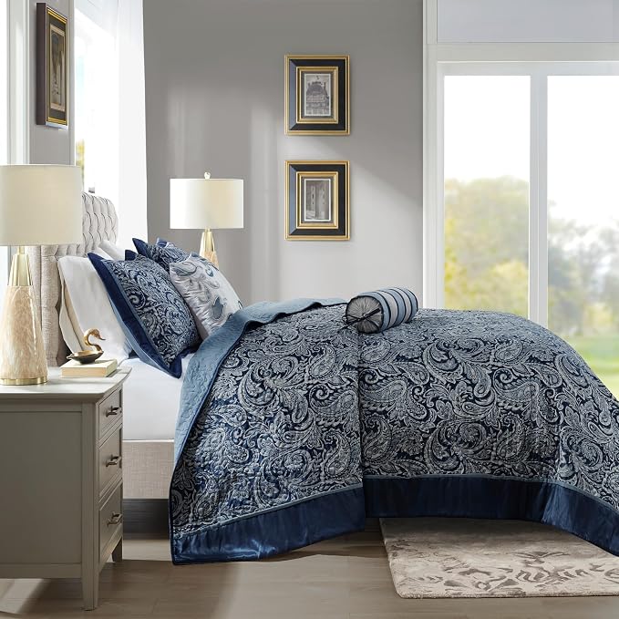 Madison Park Reversible Jacquard Quilted King Bedspread Set Navy, All-Season - Image 3