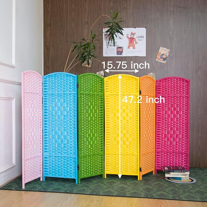 6-Panel Short Room Divider, 3.9 ft Freestanding Partition Wall, Colorful Rattan - Image 5