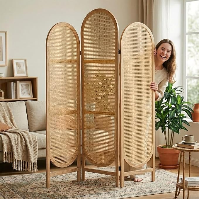 3 Panel Rattan Room Divider Screen, Boho Folding Privacy Screen | Decorative - Image 3