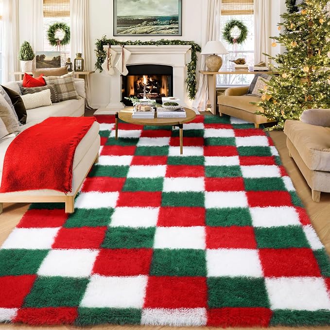 KICMOR Christmas 8x10 Area Rugs Living Room Carpet, Large Fluffy Red Green by KICMOR