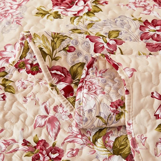 Cmfshape Summer Floral Queen Quilted Bedspread, Romantic Red Quilt Set - Image 6