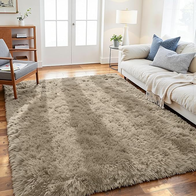 4x6 Fluffy Area Rug for Living Room: Non-Slip Grey Camel Bedroom Carpet | Ultra - Image 2