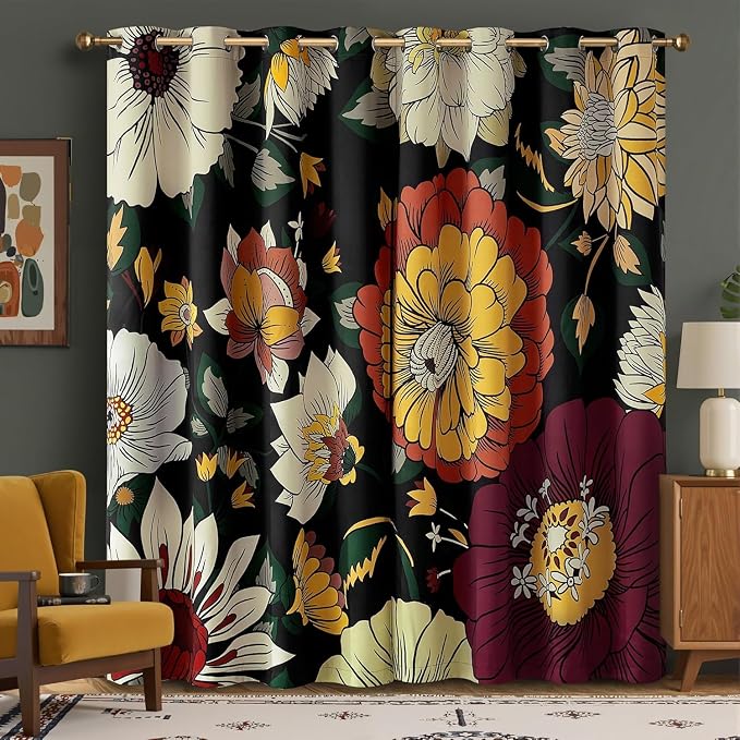 NICETOWN Black Boho Floral Curtains 100% Blackout - Image 3