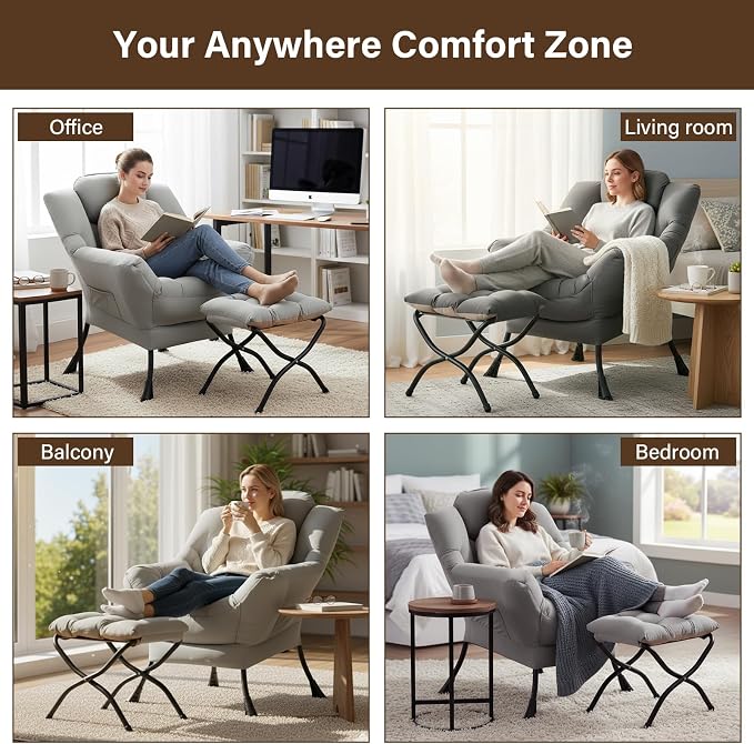 Welnow Lazy Chair with Ottoman, Reading Chair with Footrest, Light Grey | A - Image 8