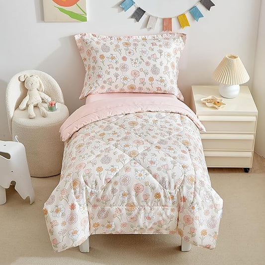 DuShow Floral 4 Piece Girls Toddler Bed Comforter Set Pink Flower Reversible Toddler Bedding Set Soft Baby Crib Bed Sheets Set in a Bag | Include Quilt Comforter,Flat Sheet,Fitted Sheet,Pillowcase