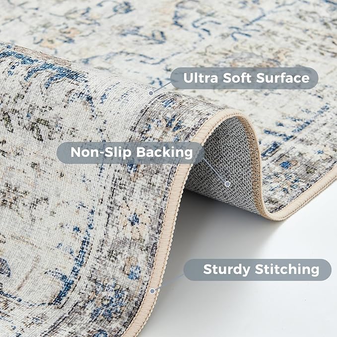 jinchan Kalen Round Rug 5ft Area Rug Washable Vintage Indoor Retro Accent Entryway Floor Cover Distressed Floral 5' Round Circle Boho Non Slip Thin Carpet for Bedroom Living Room Dining Room Blue