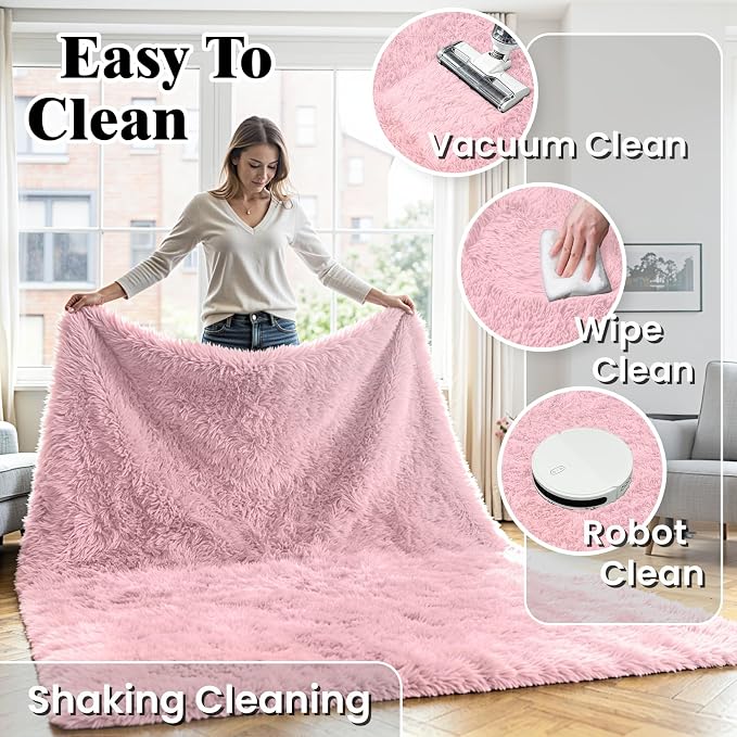 5x8 Fluffy Area Rug for Living Room: Soft Non-Slip Pink Shag Bedroom Carpet | - Image 6