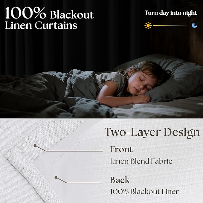 White 80 Inch Pinch Pleated Black Out Curtains 2 Panel Set for Living Room Pinch Pleat Linen Drapes with Liner 80 Inches Long 100% Blackout Light Blocking Energy Saving Curtain for Dining Bedroom