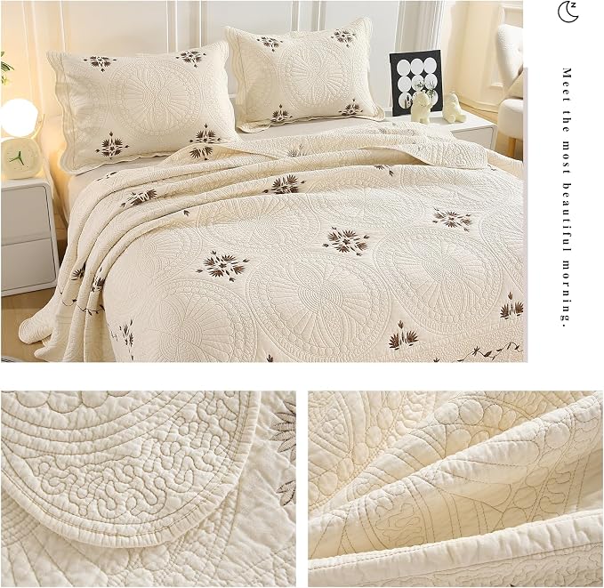 ROOMLIFE Quilt Set King Beige 3D Floral Embroidery Pattern 3-Piece Cotton | - Image 6