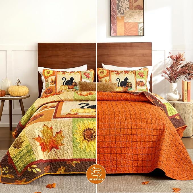 Yiran Happy Thanksgiving Harvest Fall Quilt Set King Size | Pumpkin Maple - Image 8