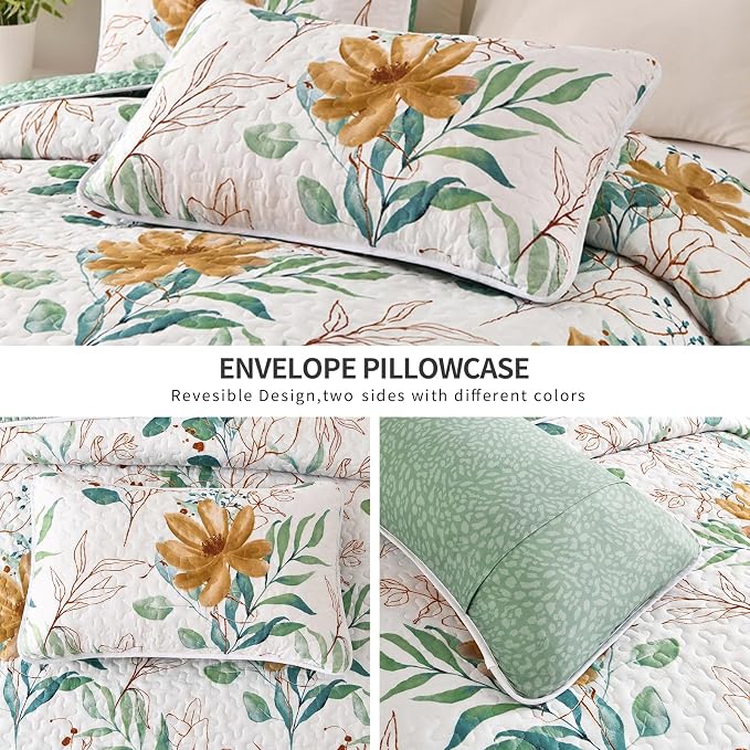 Anibedding Floral Quilt Set Full, 3 Pieces Reversible Elegant Green Leaves - Image 4