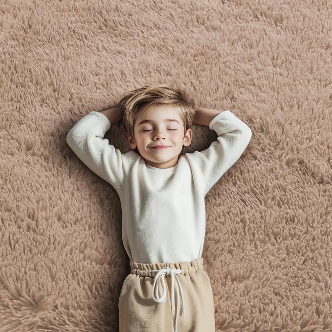 Beige Round Shag Area Rug for Bedroom, Washable Fuzzy Carpet for Room Boys - Image 3