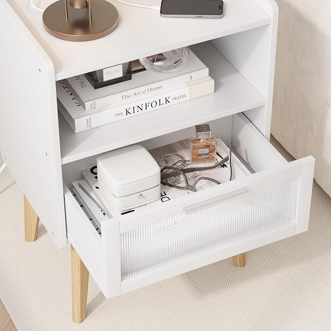 MMEOLUOOK Nightstand with Charging Station, Bedside Tables with Glass - Image 7