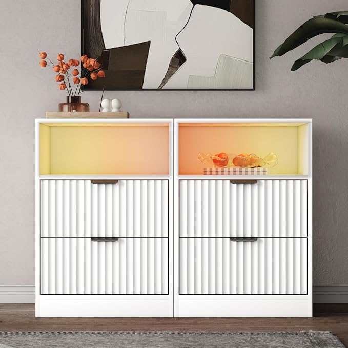 Fluted Nightstand Set of 2, LED Nightstand by WODEER