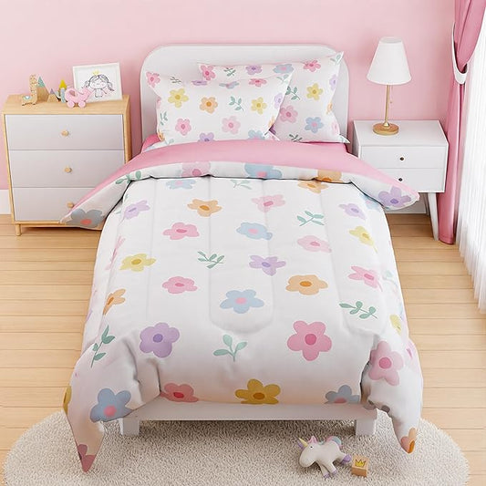 SANDJEST Floral Comforter Set Twin Size 68x86in for Kids Girls, Microfiber 3 Pcs Bedding Set Includes 1 Comforter, 1 Pillowcase, 1 Fitted Sheet, Nursery Room Decor