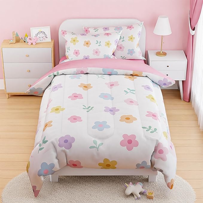 SANDJEST Floral Comforter Set Full Size 98x86in for Kids Girls, Microfiber 4 Pieces Bedding Set Includes 1 Comforter, 2 Pillowcases, 1 Fitted Sheet, Nursery Room Decor