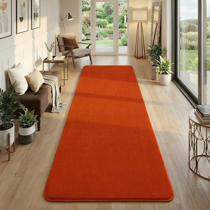 Modern Soft Hallway Runner Rug, 2x6 Feet Orange Washable Runner Rug | Fluffy - Image 7