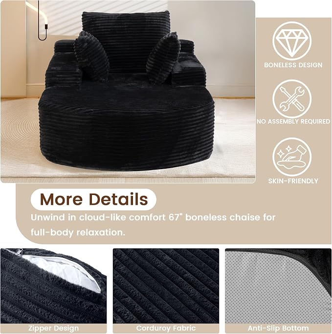 Sleeper Chair Lounge Chair Indoor, Oversized Corduroy Upholstered Boneless - Image 4