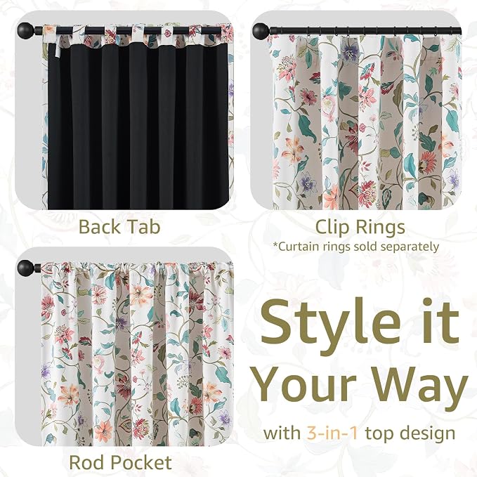 jinchan Beige Floral Blackout Curtains 84 Inch Back Tab 2 Panels Set | Room - Image 6