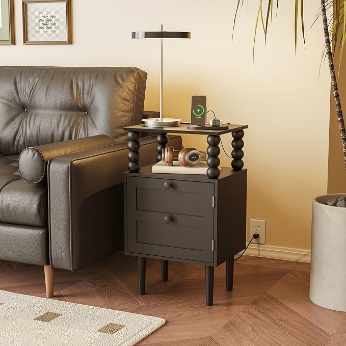 Black Nightstand with Outlet, Storage Drawer and Open Wood Shelf, Wood Legs | - Image 5