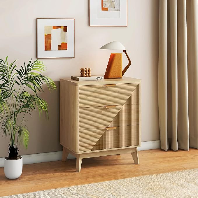 LYNCOHOME 3 Drawer Fluted Nightstand, Modern Wood Night Stand - Image 6