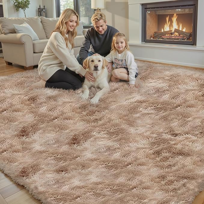 6x9 Shag Area Rug for Living Room, Dark Beige Tie-Dyed Plush Fluffy Carpet | - Image 4