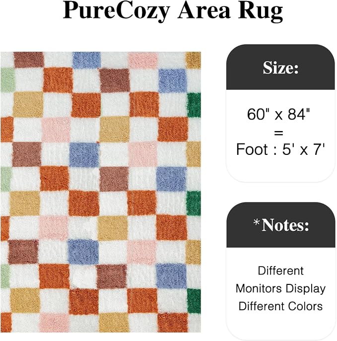 Colorful Area Rug 5x7 for Bedroom Soft Checkered Shag Carpet | Machine Washable - Image 3