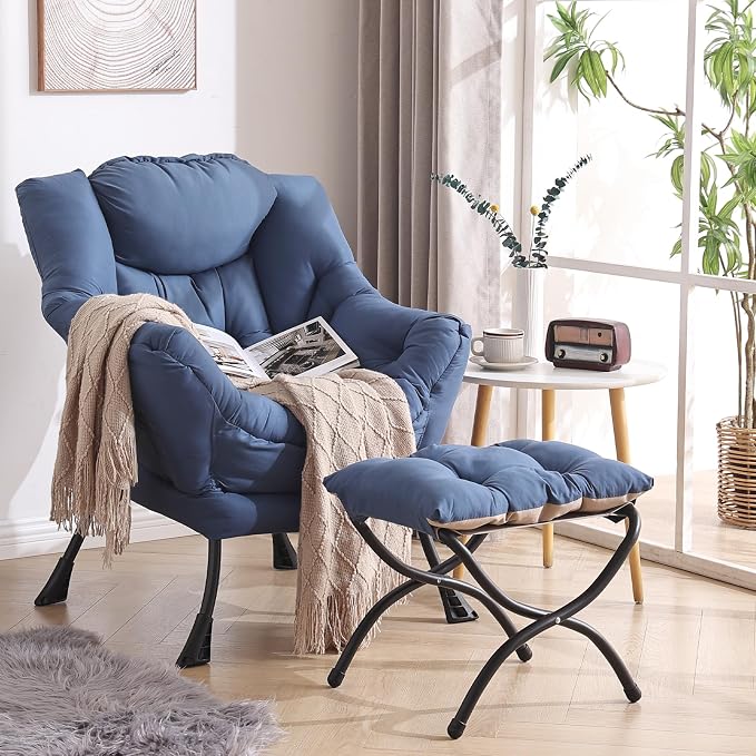 Welnow Lazy Chair with Ottoman, Reading Chair with Footrest, Royal Blue | A - Image 8