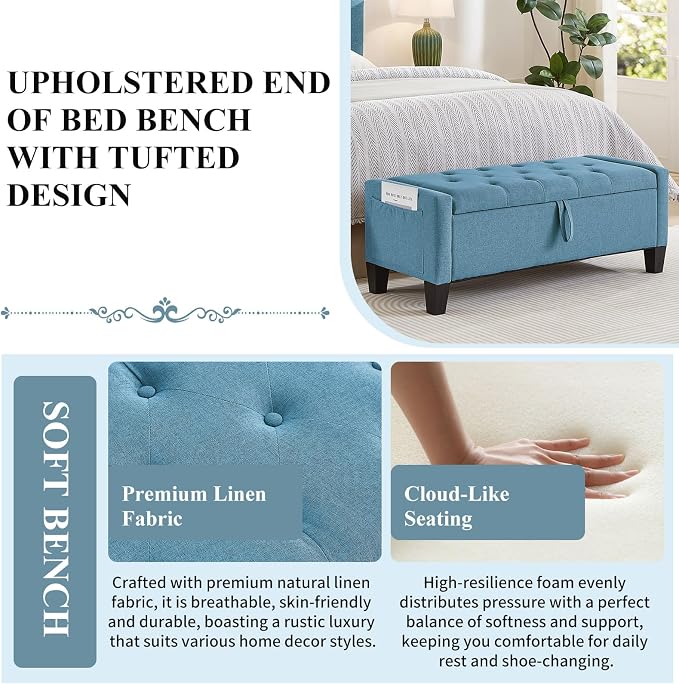 Modern Storage Ottoman Bench, Linen Upholstered End of Bed Bench - Image 4