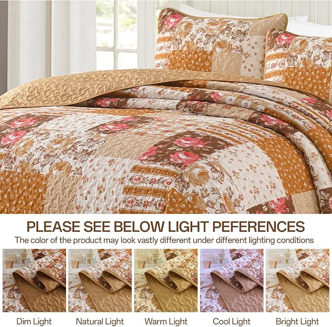 Floral Quilt Set King Size, 3 Pieces Patchwok Burnt Orange Brown Bedspread Fall - Image 7