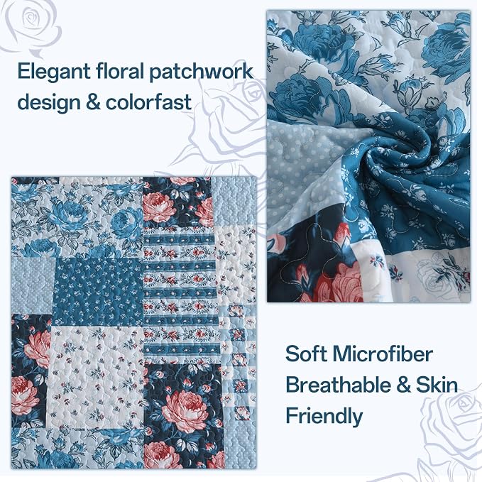 Anibedding Quilt Set King Size, 3 Pieces Blue Floral Patchwork Bedspread - Image 4