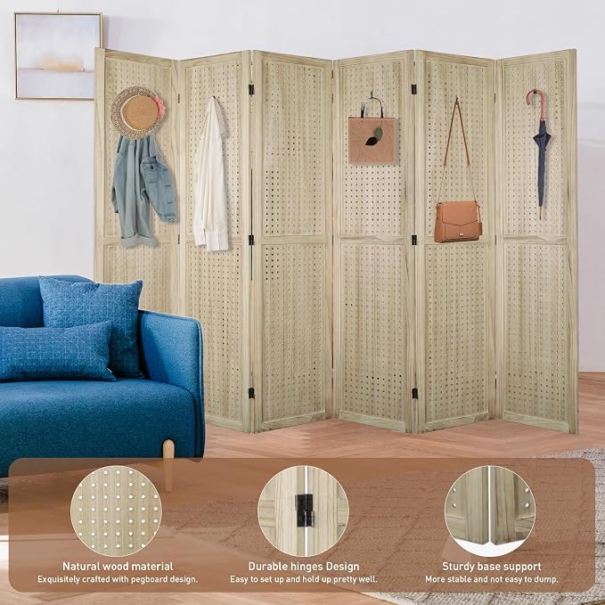 6 Panel Pegboard Room Divider | Natural Wood Folding Privacy Screen - Image 8