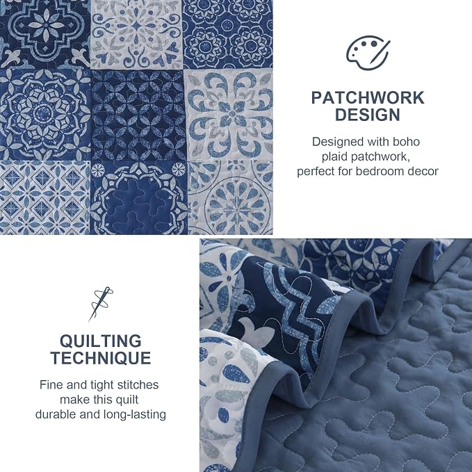 Dobuyly Quilt Set King Boho Plaid Patchwork Bedspreads Coverlet, Lightweight - Image 4