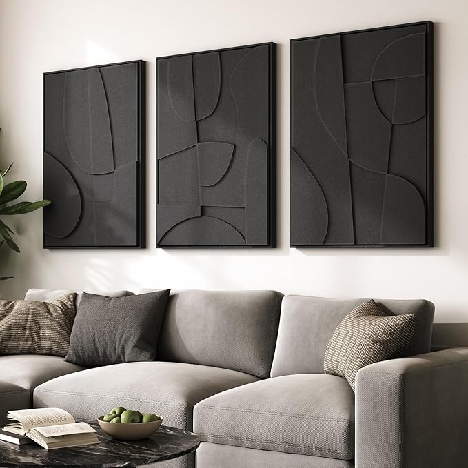 Large 3D Textured Framed Black Abstract Wall Art by Cuspin