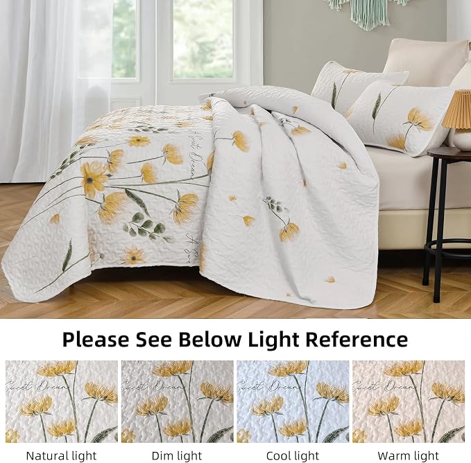 Dinjoy Twin Quilt Set, 2 Pieces Yellow Floral Bedspread Bedding Set | Mustard - Image 4